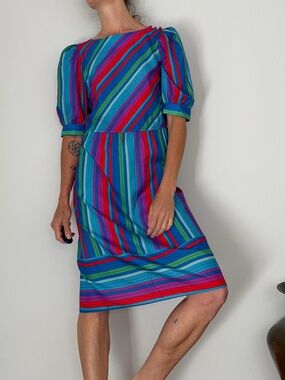 Vintage Betsy’s Things Bright Multicolor Striped Midi Dress with Puff Sleeves